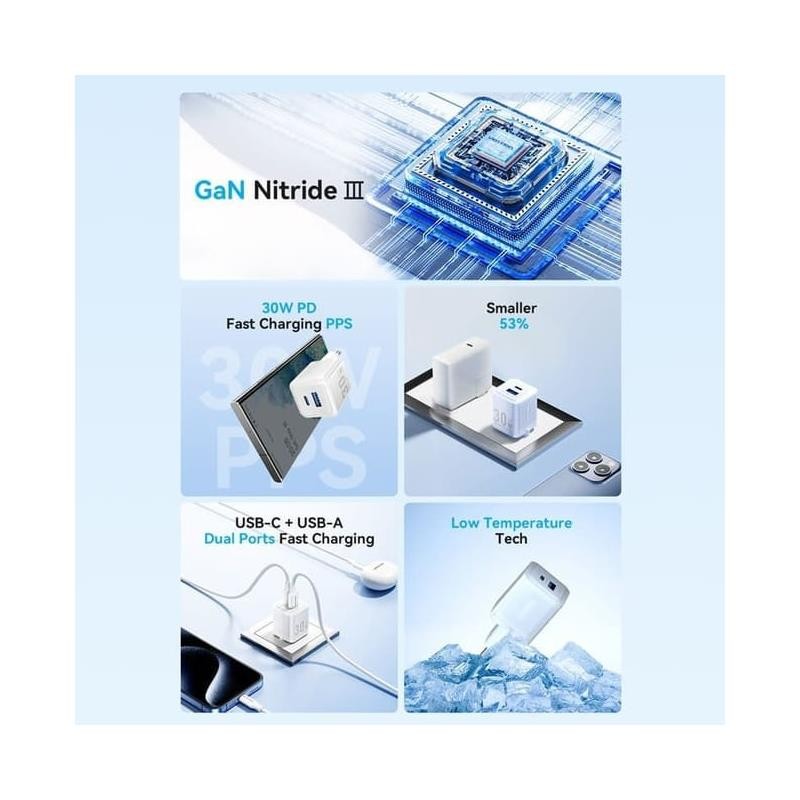 CARGADOR DE PARED VENTION GAN USB-C USB-A 30W WHITE