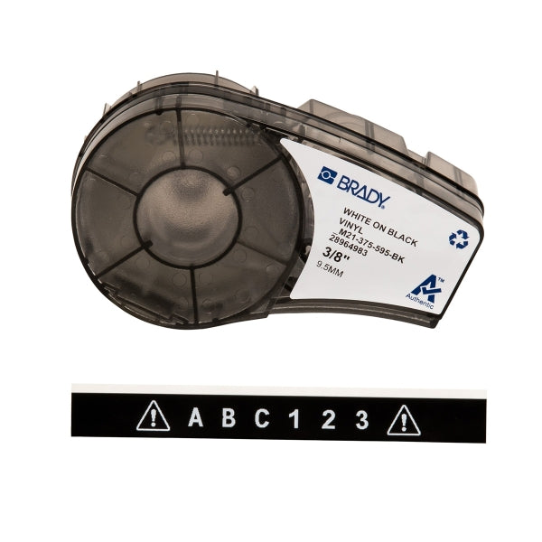 Brady M21-375-595-BK Cinta de Etiquetas Original Vinilo - Texto Blanco sobre Fondo Negro - Ancho 9.53mm x 6,40m