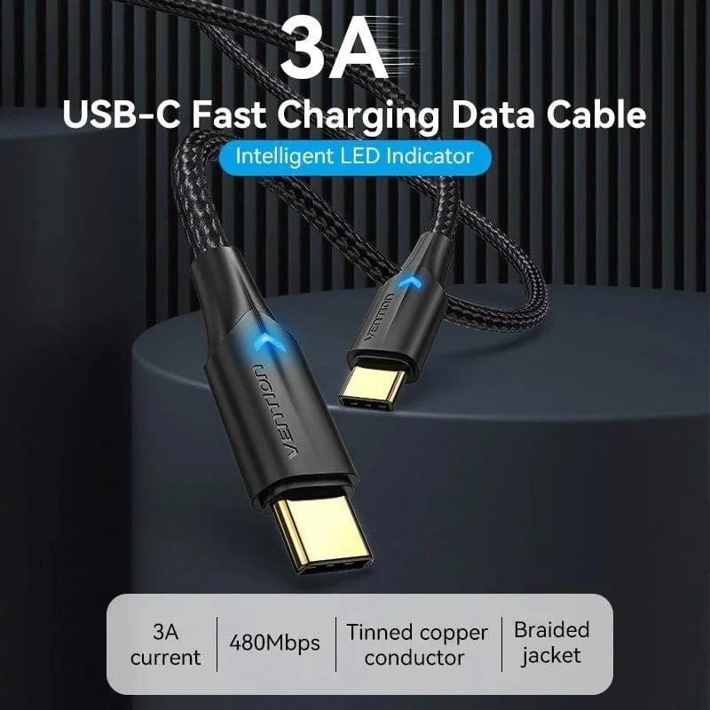 CABLE USB-C VENTION TIPO USB-C/M - USB-C/M 3A 60W LED 1M BLACK