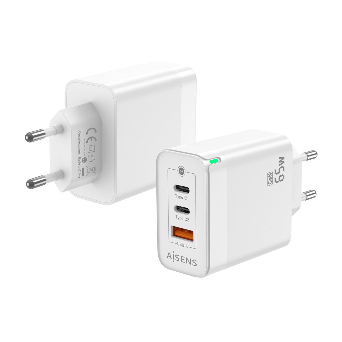 Cargador Pared AISENS 2Usb-C Usb-A 65W(ASCH-65W3P007-W)
