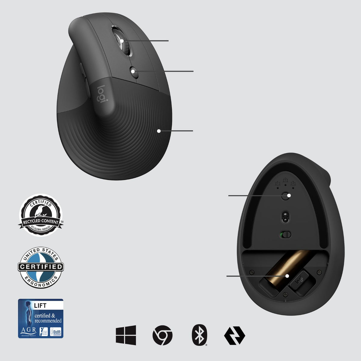 Ratón LOGITECH Vertical RF BT Grafito (910-006494)