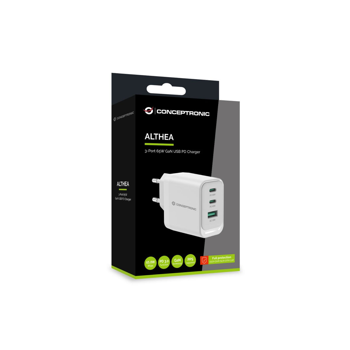 Cargador CONCEPTRONIC USB-A/C 65W PD 3.0 (ALTHEA21W65)