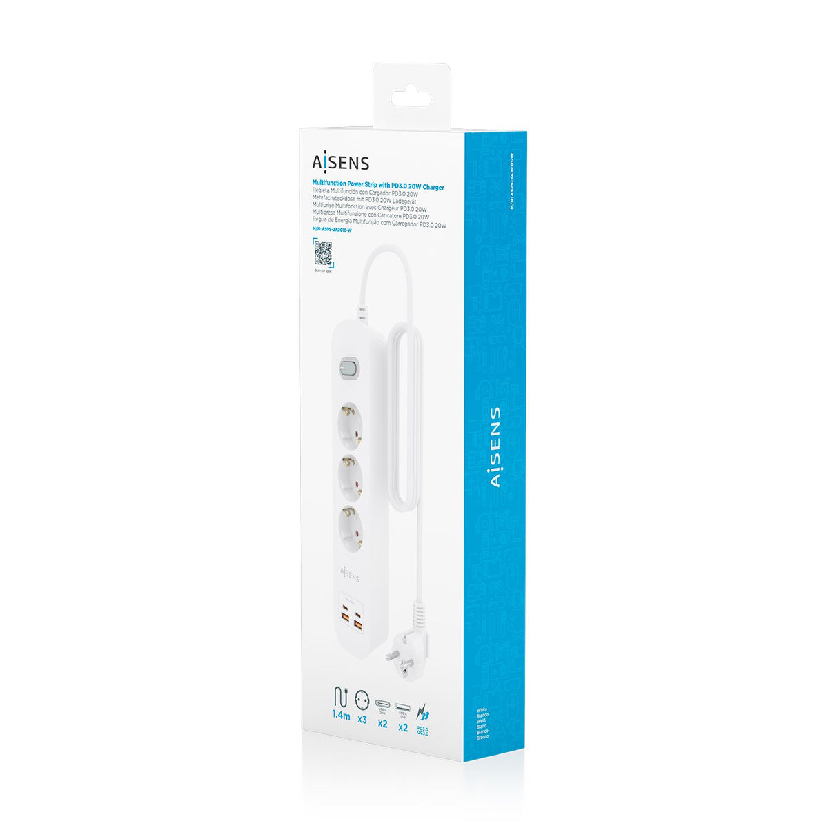 Regleta Aisens 3Tomas 2Usb-C 2Usb-A (ASPS-2A2C10-W)