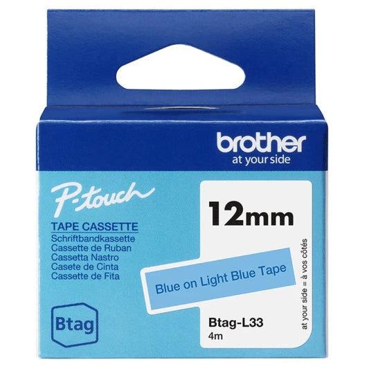Brother Btag-L33 12mm Tape - Blue Text on Light Blue Background - Measures 12mm x 4 Meters - Suitable for PTN10, PTN20, PTN25BT