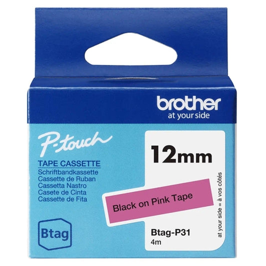 Brother Btag-P31 Tape 12mm - Black Text on Pink Background - Measurements 12mmx4 Meters - Suitable for PTN10, PTN20, PTN25BT