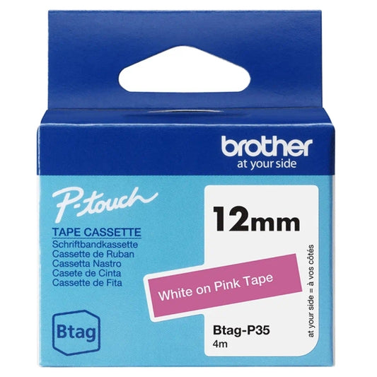 Brother Btag-P35 12mm Tape - White Text on Pink Background - Measures 12mm x 4 Meters - Suitable for PTN10, PTN20, PTN25BT