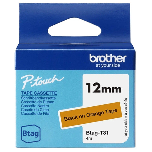 Brother Btag-T31 12mm Tape - Black Text on Orange Background - Measures 12mm x 4 Meters - Suitable for PTN10, PTN20, PTN25BT