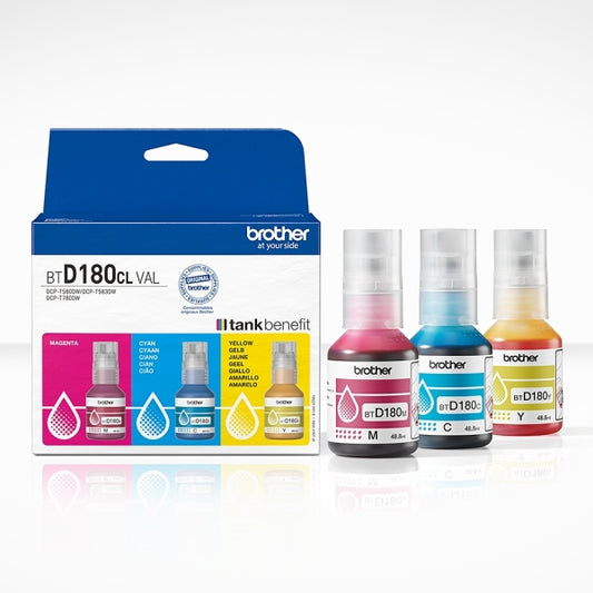 Brother BTD180CLVAL Pack of 3 Original Ink Bottles Cyan, Magenta and Yellow - BTD180CLVAL