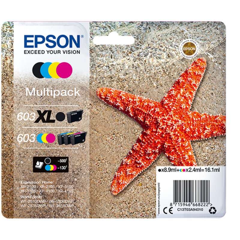 Epson 603XL/603 Pack of 4 Original Ink Cartridges - C13T03A94010