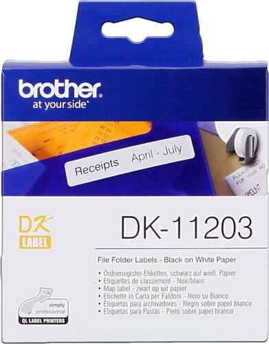 Brother DK11203 - Original Pre-cut Labels for Folders - 17x87 mm - 300 Units - Black text on white background