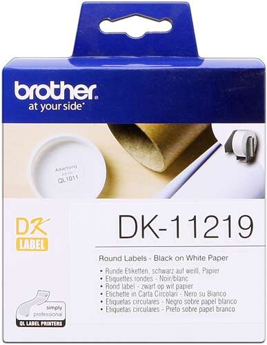 Brother DK11219 - Original Circular Pre-Cut Labels - 12 mm Diameter - 1200 Units - Black Text on White Background