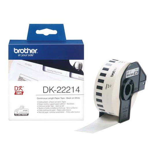 Brother DK22214 - Original Custom Size Labels - Width 12mm x 30.48 meters - Black text on white background