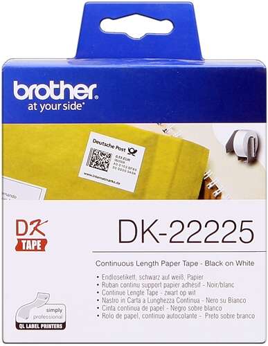 Brother DK22225 - Original Custom Size Labels - Width 38mm x 30.48 meters - Black text on white background