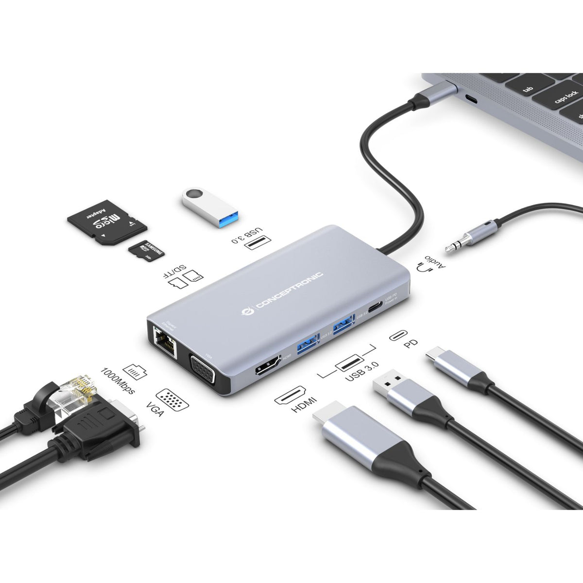 Adaptador CONCEPTRONIC USB-C 10en1 100W Gris (DONN20G)