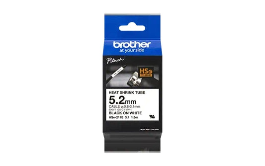 Brother HSE211E Original Heat Shrink Tube Tape for Cable Labels - Black Text on White Background - Width 5.2mm x 1.5 meters - Recommended Cable Diameter 0.8mm to 3.1mm