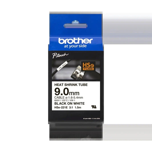 Brother HSe221E Original Heat Shrink Tube Tape for Cable Labels - Black Text on White Background - Width 9mm x 1.5 Meters - Recommended Cable Diameter 1.6mm to 5.4mm