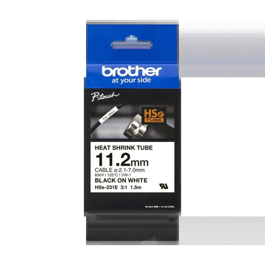 Brother HSe231E Original Heat Shrink Tube Tape for Cable Labels - Black Text on White Background - Width 11.2mm x 1.5 Meters - Recommended Cable Diameter 2.1mm to 7.0mm