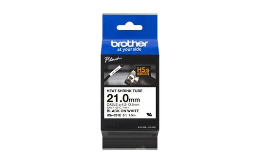 Brother HSe251E Original Heat Shrink Tube Tape for Cable Labels - Black Text on White Background - Width 21mm x 1.5 meters - Recommended Cable Diameter 4.2mm to 13.5mm
