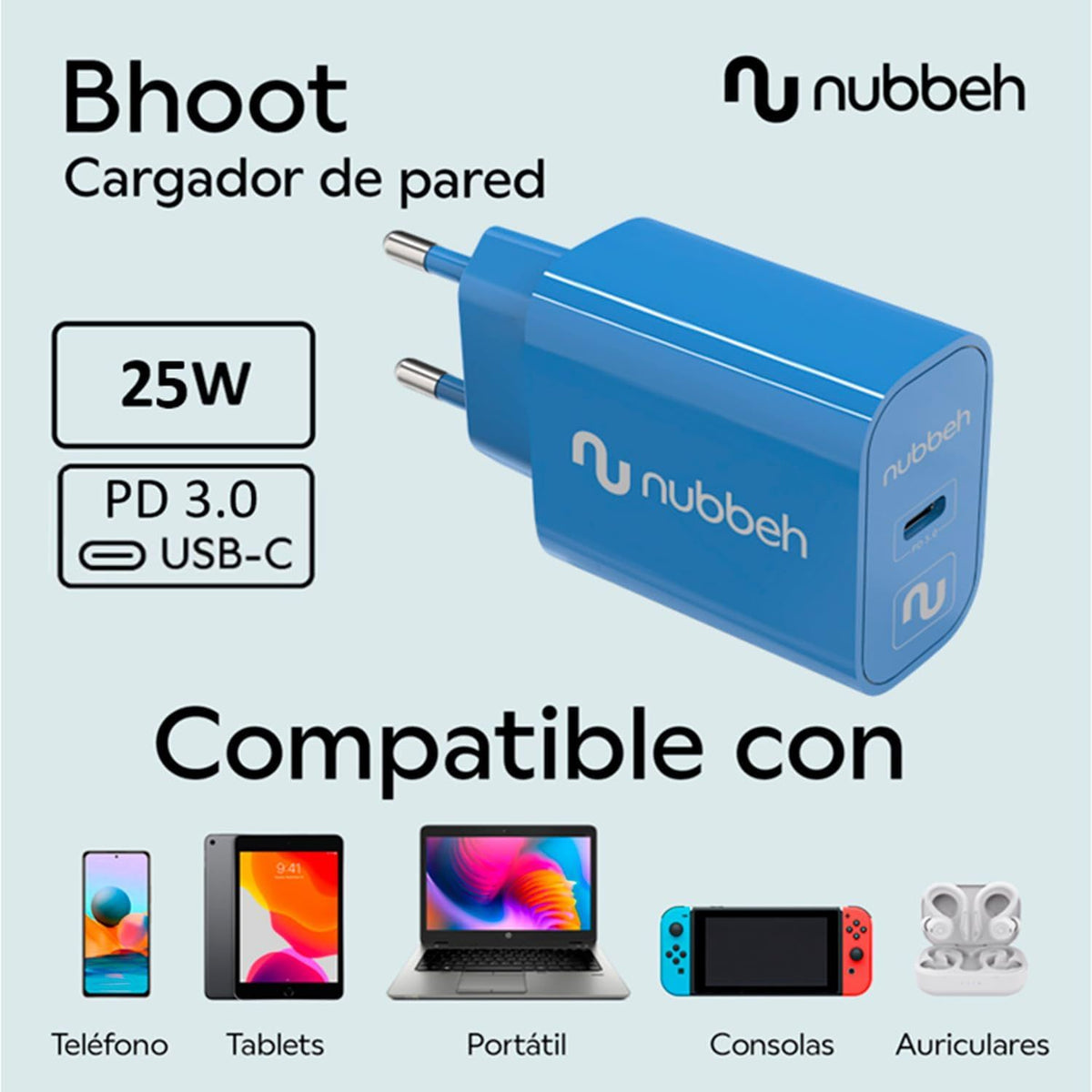 Cargador Pared NUBBEH 1USB-C 25W Azul (NBWALLCHCBL25)