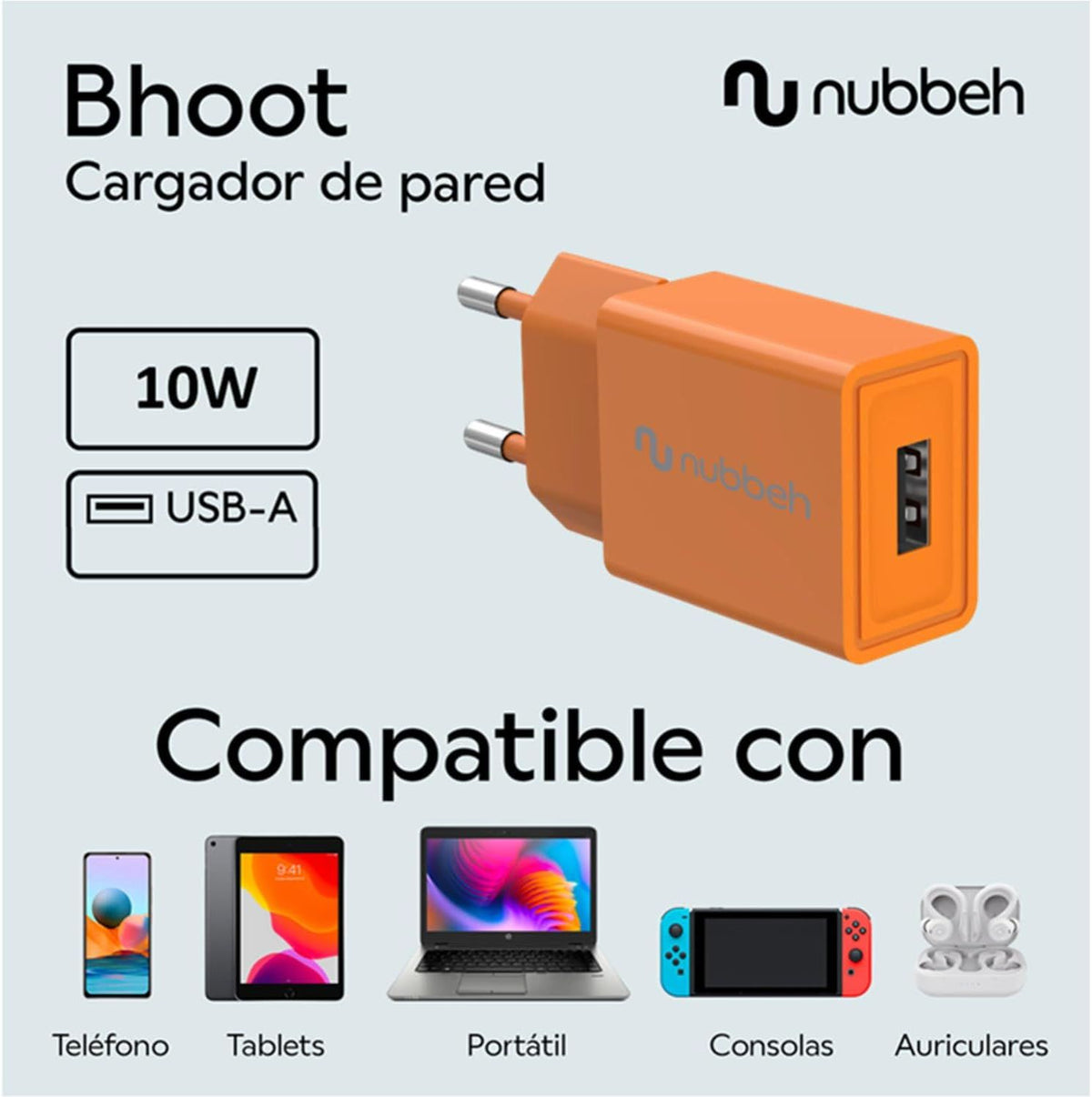 Cargador Pared NUBBEH USB-A 10W Naranja(NBWALLCHUSBO10)