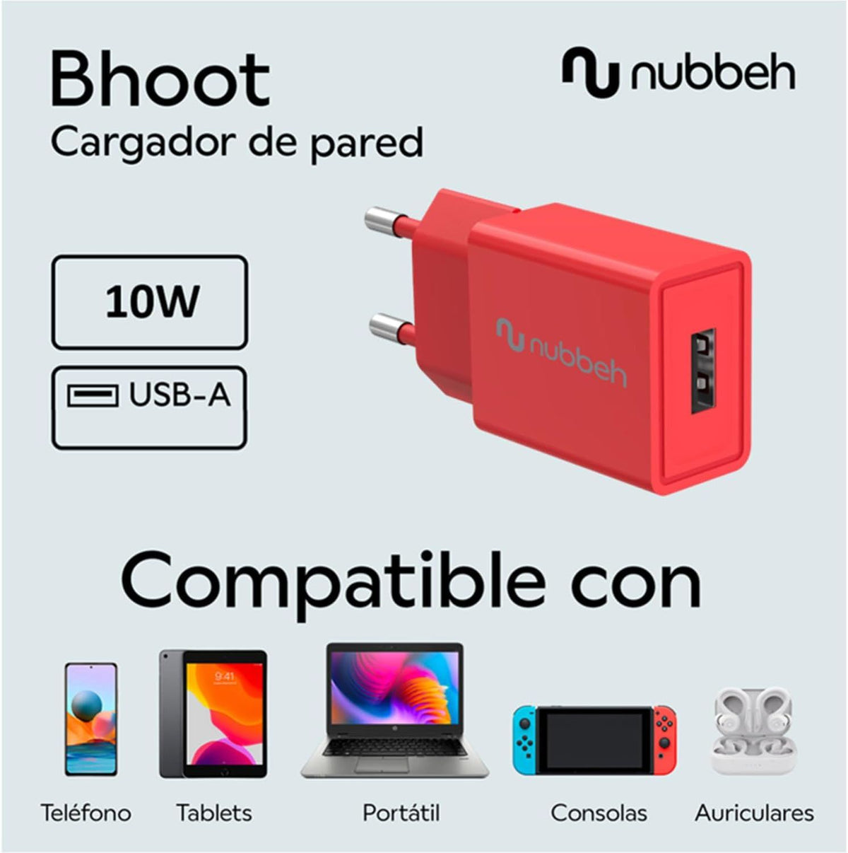 Cargador Pared NUBBEH 1USB-A 10W Rojo (NBWALLCHUSBR10)