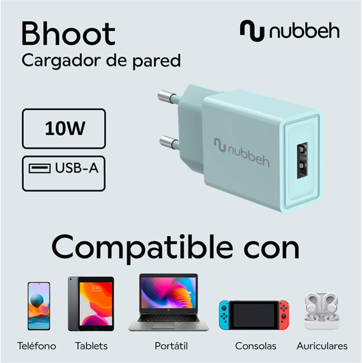 Cargador Pared NUBBEH USB-A 10W Turques(NBWALLCHUSBT10)