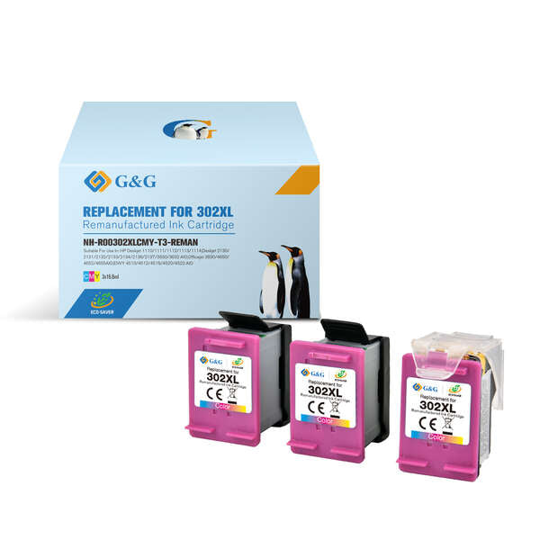 G&G HP 302XL Color Remanufactured Ink Cartridges 3-Pack - Eco Saver - Displays Ink Level - Replaces F6U67AE/F6U65AE