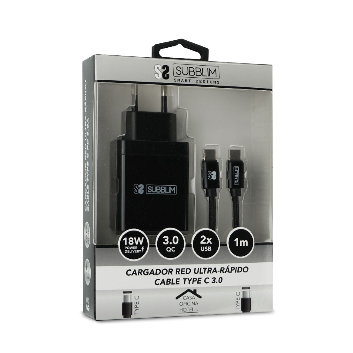 Cargador Pared SUBBLIM USB-A/C Cable USB-C (CHG-3WPD02)