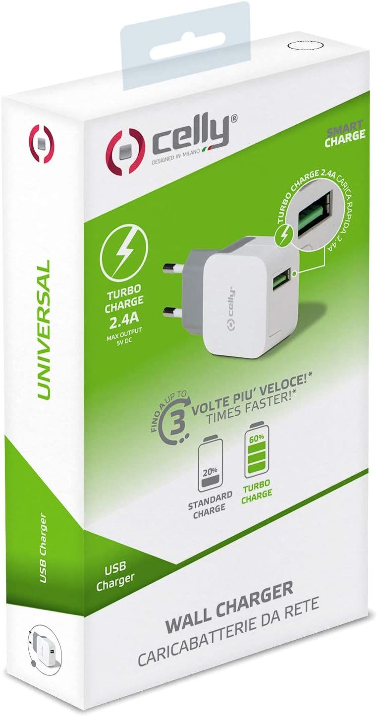 Cargador de Pared CELLY 1xUSB-A Blanco (TCUSBTURBO)