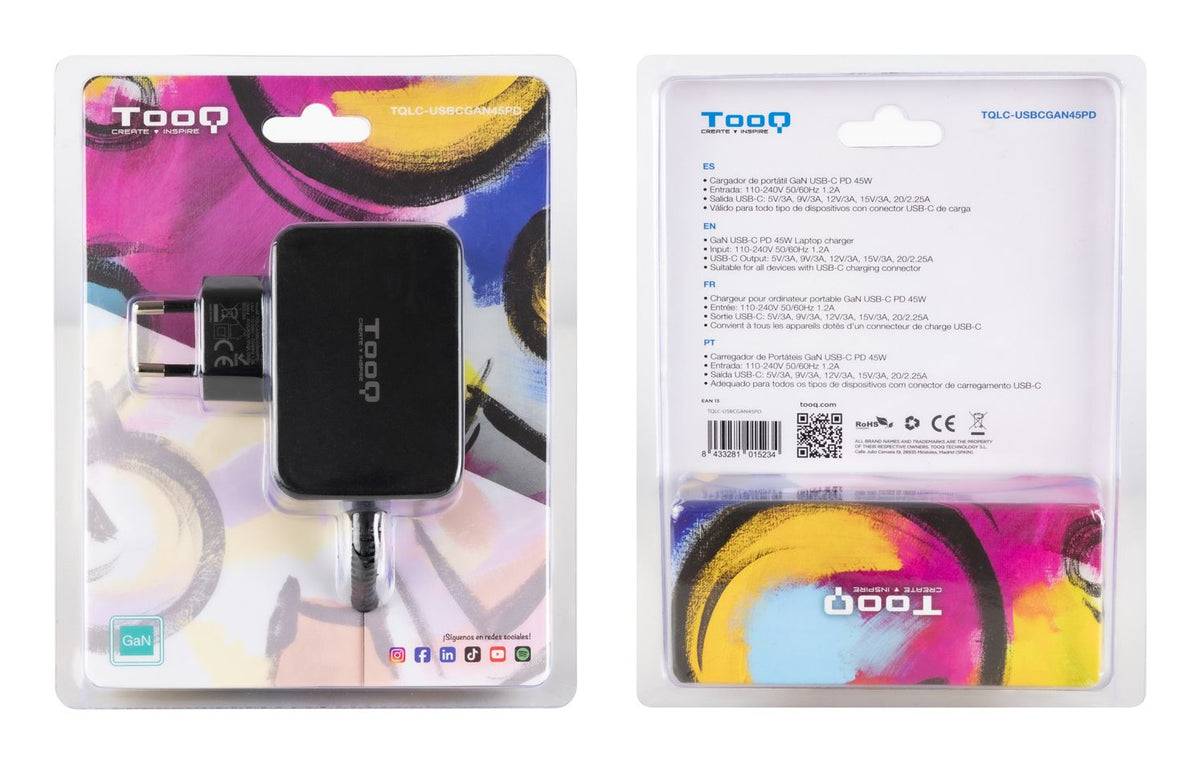 Cargador TooQ USB-C PD 45W Negro (TQLC-USBCGAN45PD)