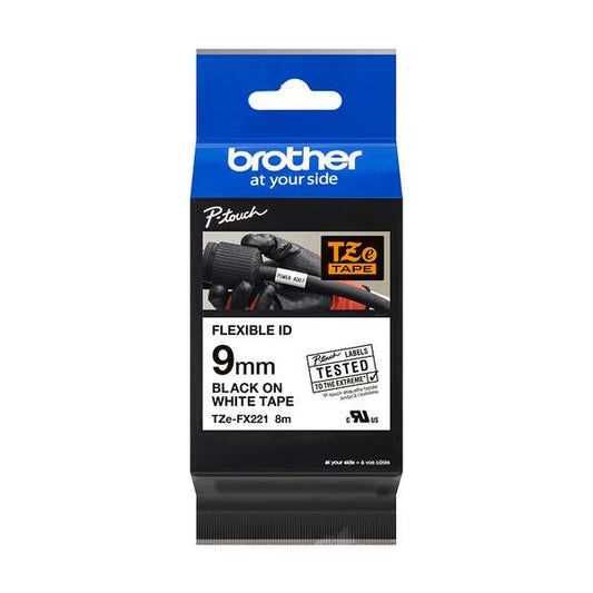 Brother TZeFX221 Original Flexible Laminated Label Tape - Black Text on White Background - 9mm Width x 8 Meters