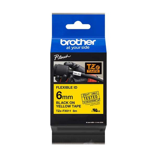 Brother TZeFX611 Original Flexible Laminated Label Tape - Black Text on Yellow Background - 6mm x 8m Width