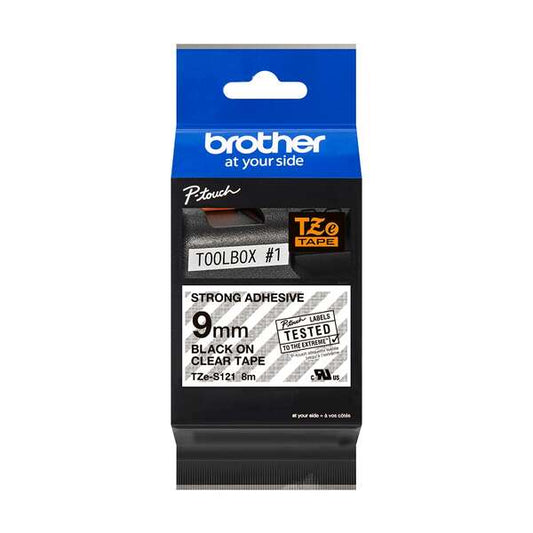 Brother TZeS121 Original Super Adhesive Laminated Label Tape - Black Text on Transparent Background - Width 9mm x 8 meters