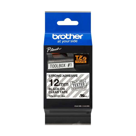 Brother TZeS131 Original Super Adhesive Laminated Label Tape - Black Text on Transparent Background - Width 12mm x 8 meters