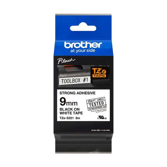 Brother TZeS221 Original Super Adhesive Laminated Label Tape - Black Text on White Background - 9mm x 8m Width