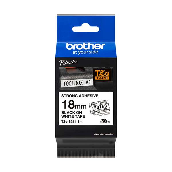 Brother TZeS241 Original Super Adhesive Laminated Label Tape - Black Text on White Background - Width 18mm x 8 meters