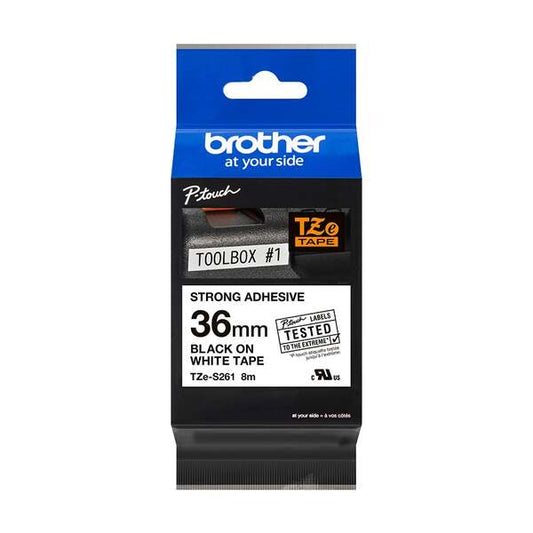 Brother TZeS261 Original Super Adhesive Laminated Label Tape - Black Text on White Background - Width 36mm x 8 meters