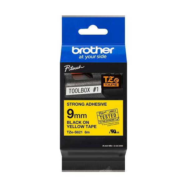 Brother TZeS621 Original Super Adhesive Laminated Label Tape - Black Text on Yellow Background - 9mm Width x 8 Meters