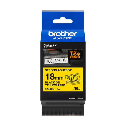 Brother TZeS641 Original Super Adhesive Laminated Label Tape - Black Text on Yellow Background - Width 18mm x 8 meters