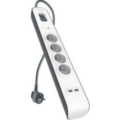 Regleta de Proteccion Contra Sobretensiones con Cuatro Tomas de Enchufe, Dos Puertos USB a 2.4 con Interruptor de Encendido/apagado Cable de 2 Metros Color Blanco/gris