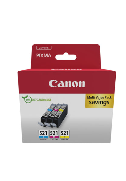 Canon CLI521 Pack de 3 Cartuchos de Tinta Originales - Cian, Magenta, Amarillo - 2934B015/2934B010