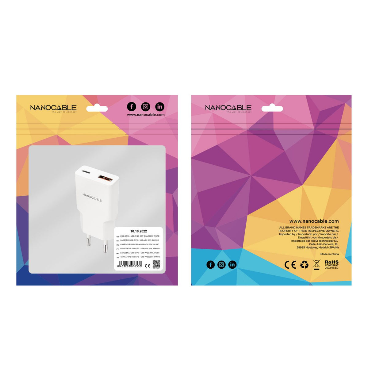 Cargador Nanocable USB-A/USB-C 20W Blanco (10.10.2022)