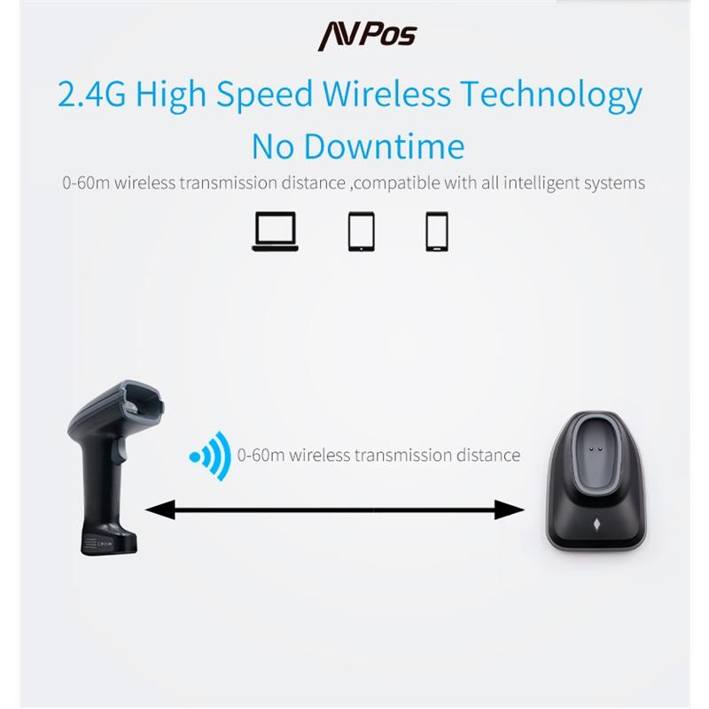 LECTOR AVPOS CODIGOS 1D + 2D +QR BT230 WIRELESS 2.4 + BLUETOOTH + USB