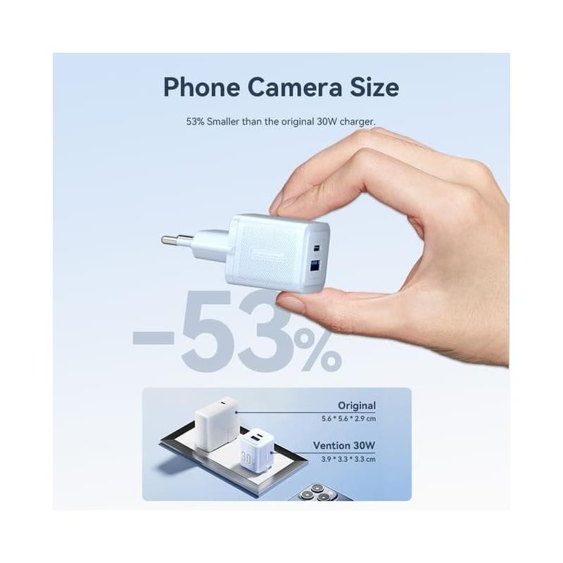 CARGADOR DE PARED VENTION GAN USB-C USB-A 30W WHITE