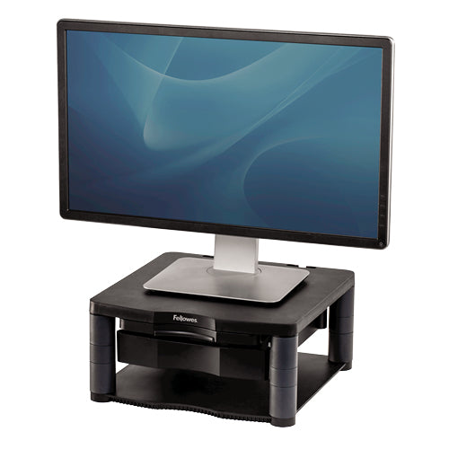Soporte de monitor/tv para sobremesa plus soporta monitores hasta 21' o 36kg regulable en altura de 64mm hasta 165mm bandeja de almacenamiento atril negro