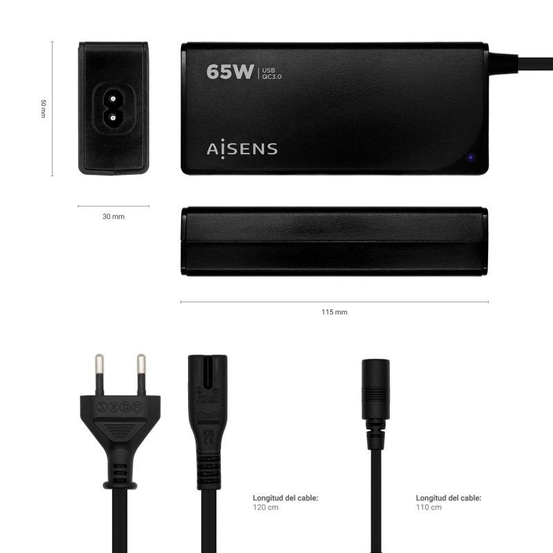 CARGADOR PORTATIL AISENS 65W AUTOMATICO + 9 CONECTORES + USB-A