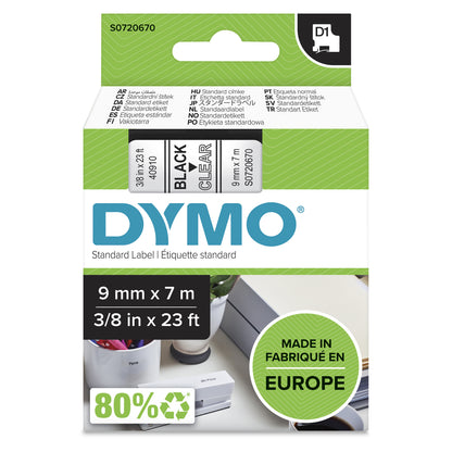 Dymo D1 40910 Cinta de Etiquetas Original para Rotuladora - Texto negro sobre fondo blanco - Ancho 9mm x 7 metros - S0720670. 9mm * 7m