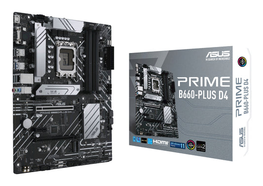 Prime B660-Plus D4 Motherboard Intel LGA 1700 12th, 13th, and (14th Gen by Updating BIOS) Generation 4xDDR4 up to 128GB DisplayPort HDMI VGA Ethernet 2xPCIe x1 1xPCIe x16 1xPCIe x4 3xM.2 4xSATA 6Gb/s 4xUSB 3.2 4xUSB 2.0 2xUSB-C