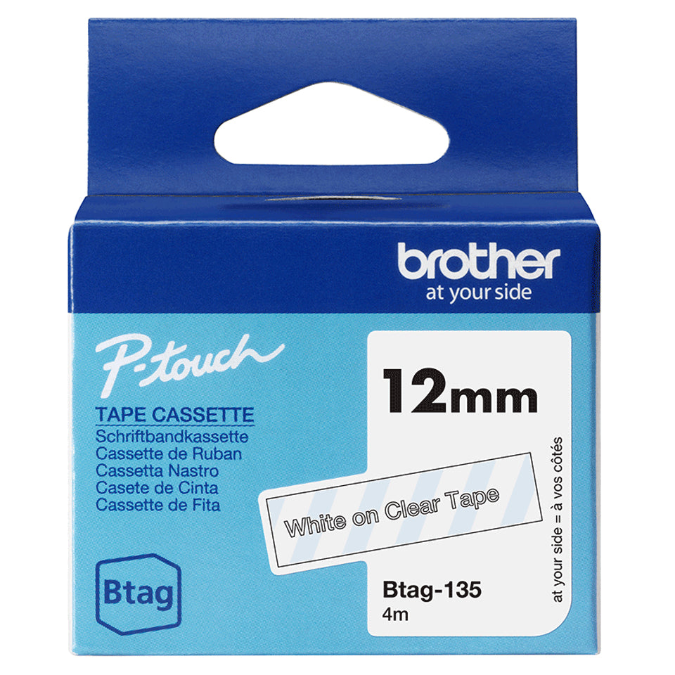 Brother Btag-135 Cinta 12mm - Texto Blanco sobre Fondo Transparente - Medidas 12mmx4 Metros - Apta para PTN10, PTN20, PTN25BT