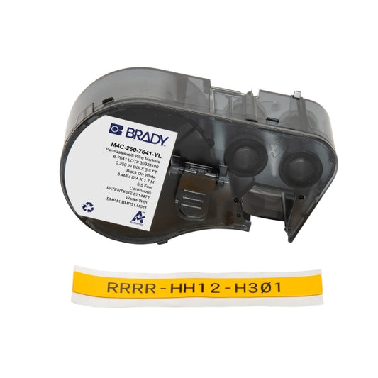 Brady M4C-250-7641-YL Cinta Termorretractil de Etiquetas - Texto Negro sobre Fondo Amarillo - Ancho 11.15mm x Largo 1.68m